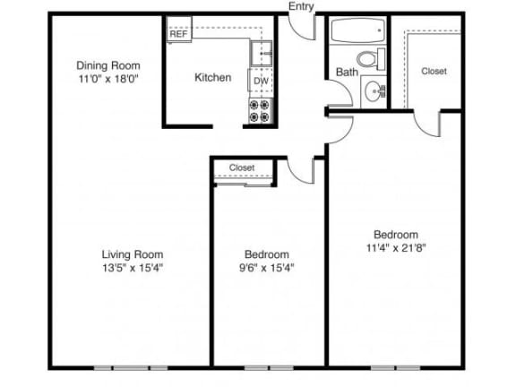 Taymil East Shore Apartment Homes 2 Bedroom 1 Bathroom Floor Plan